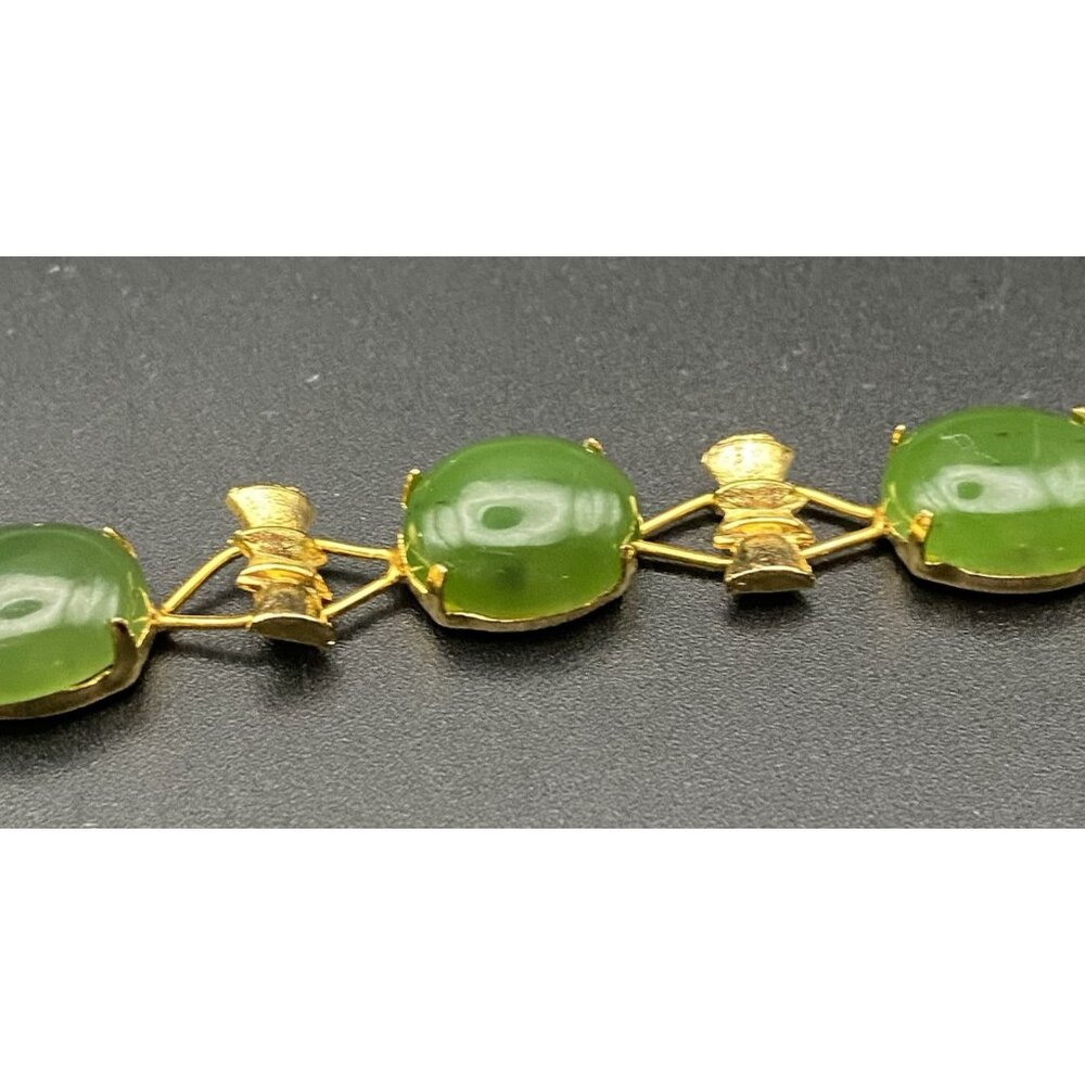 Vtg Green Jadeite Bracelet Gold Plated Bamboo Accent Floral Box Clasp 7" UV Test - Picture 12 of 16